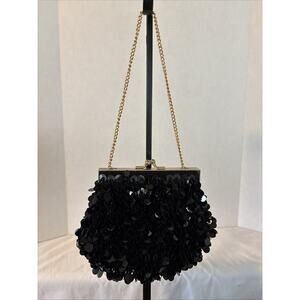 Black Sequin Evening Purse With Gold Chain Strap 7 X 6 Inches